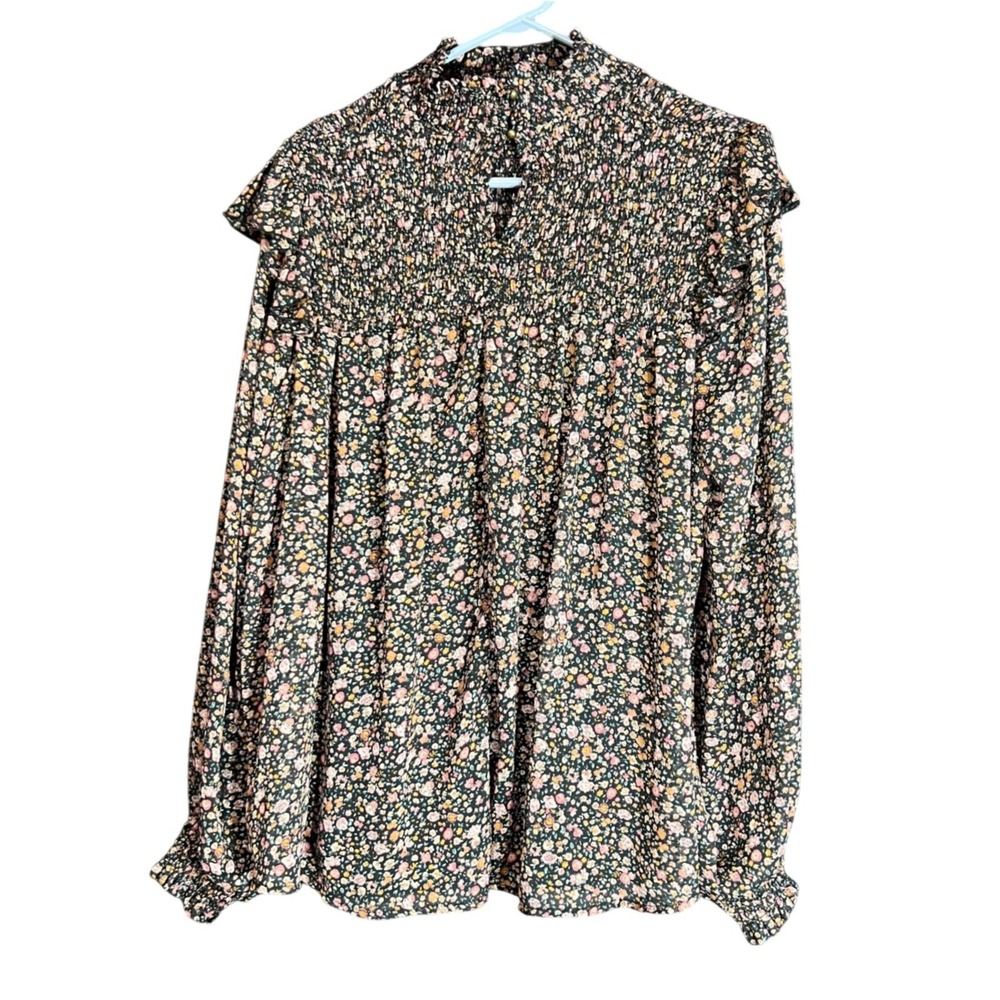 Ophelia Roe Womens Size XL Floral Chiffon Blouse Smocked High Neck Ruffle Career - Picture 3 of 14